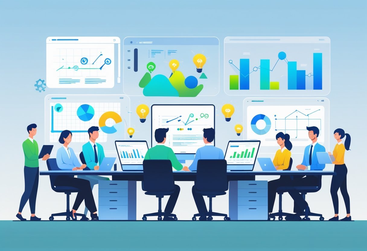 A group of small business people working together around a desk with laptops and digital devices, surrounded by icons symbolizing AI and writing tools in a bright office setting.