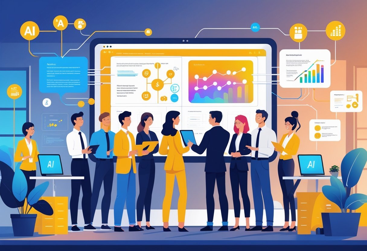 A group of small business owners working together around a digital screen showing AI-generated content, surrounded by laptops and smart devices in a modern office.