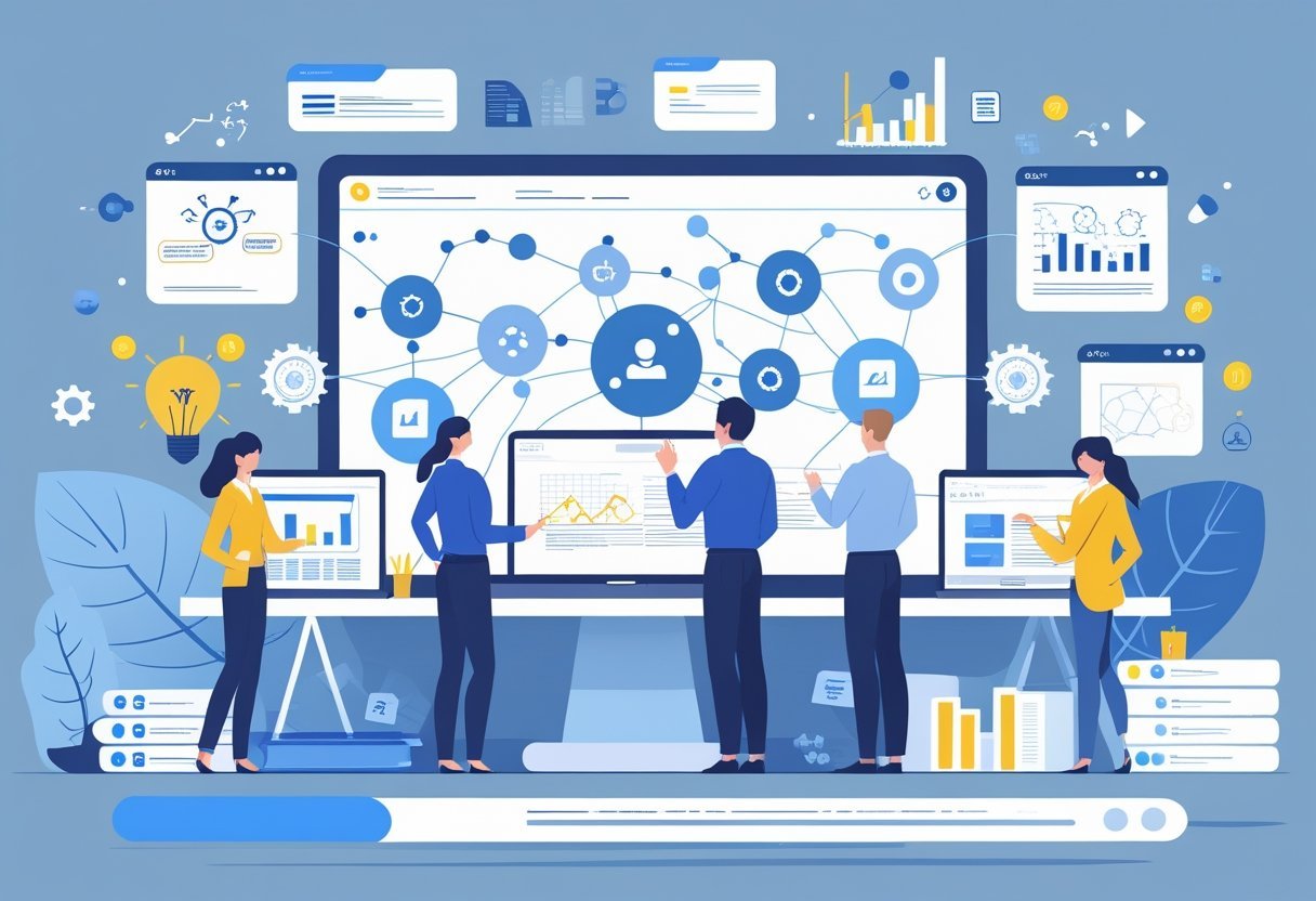 A group of professionals working together in a small business office with digital screens showing AI technology and writing tools.