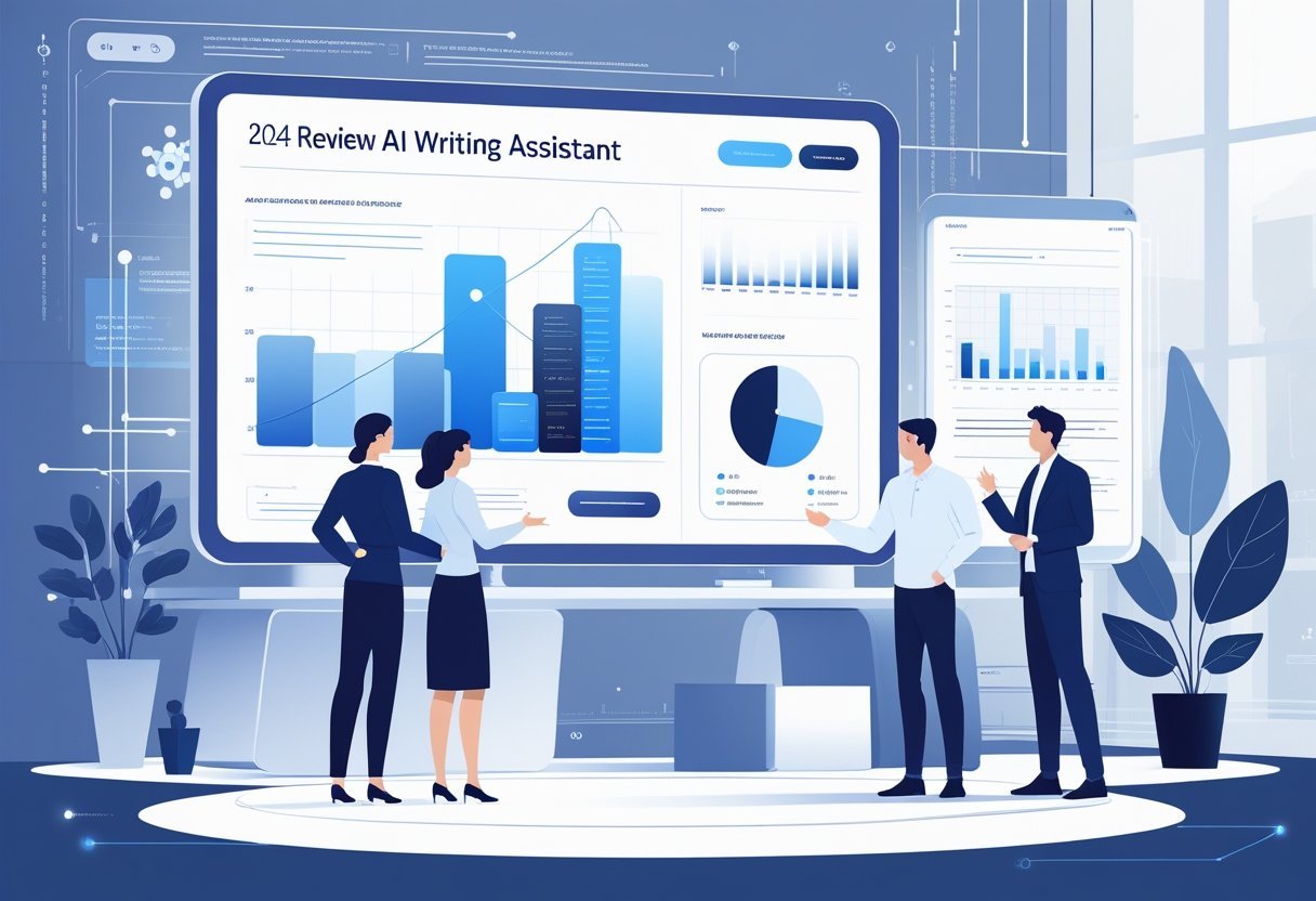 A group of professionals analyzing data on a large transparent screen in a futuristic workspace with digital charts and AI-themed visuals.