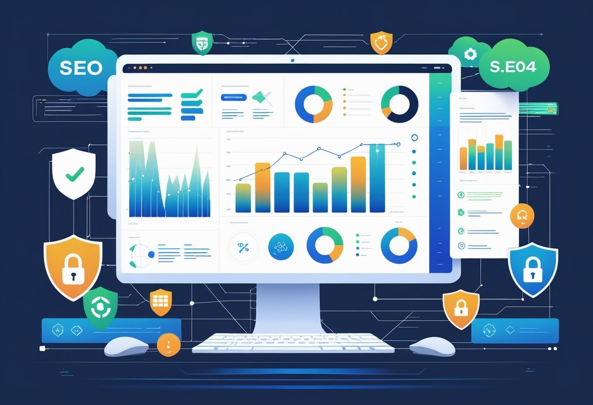 A digital workspace showing a computer with SEO graphs, integration icons, and compliance symbols like shields and locks, representing AI technology and data security.