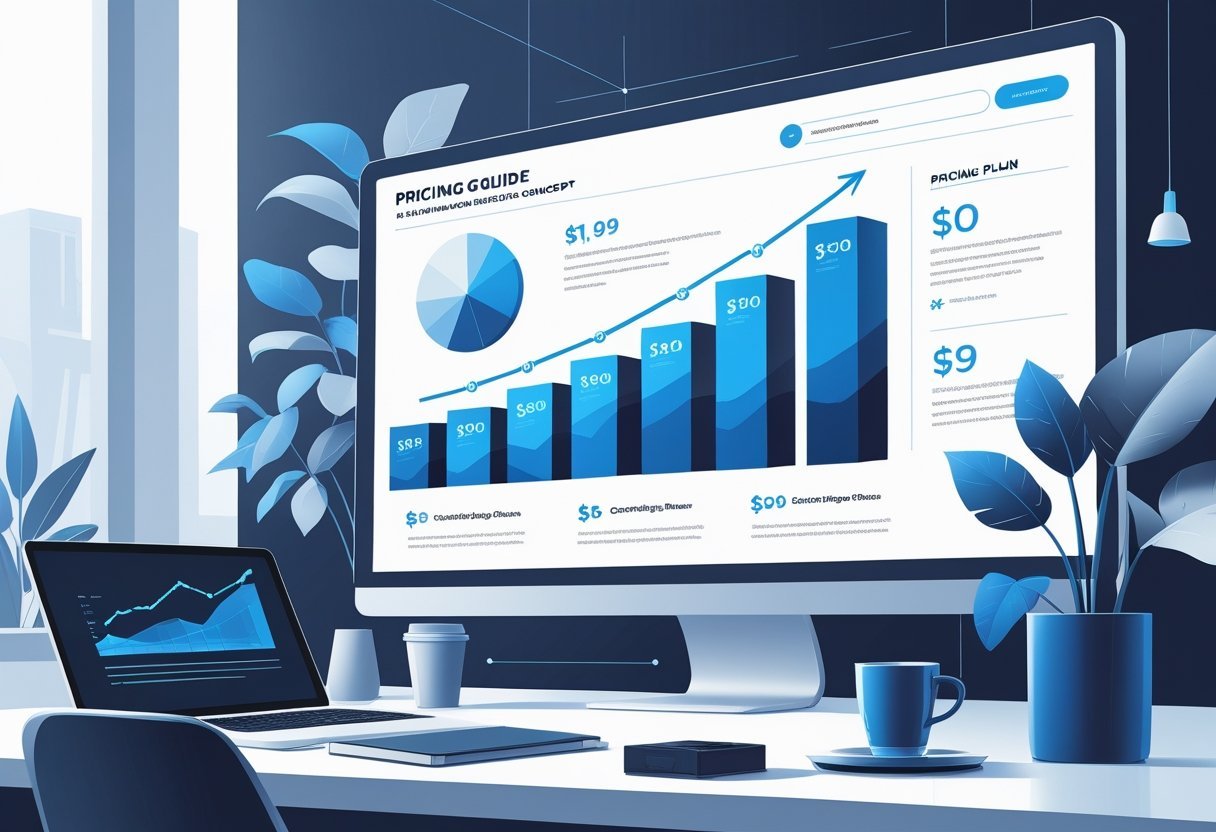 A modern workspace with a digital screen showing abstract pricing tiers and feature icons representing an AI content tool.