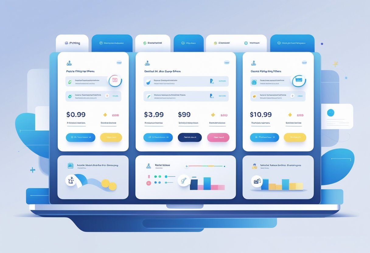 A clean and organized digital dashboard showing multiple pricing plan panels with feature icons and progress indicators.