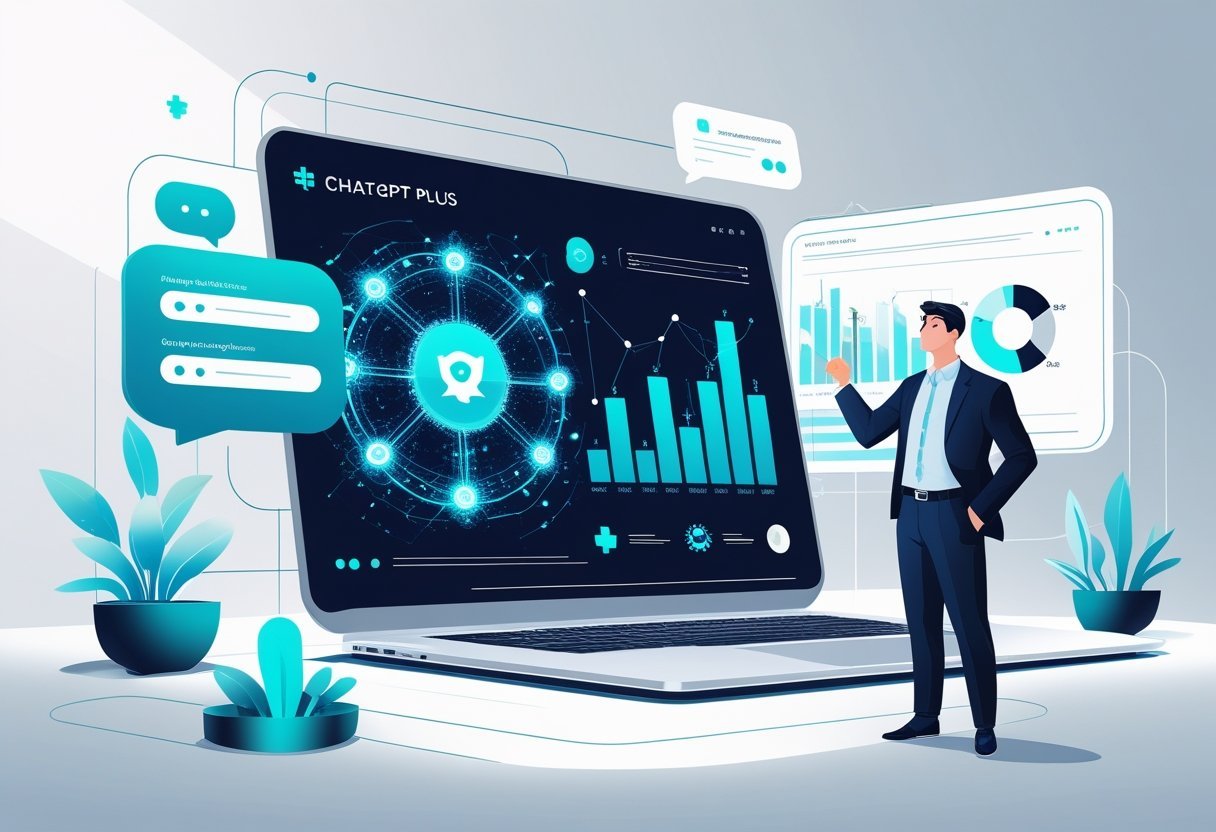 A person analyzing data charts next to a laptop displaying an AI interface with floating chat bubbles in a modern workspace.