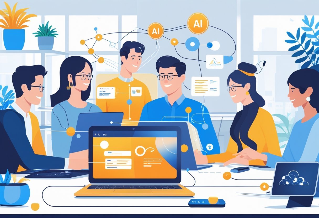 A diverse team working together in a modern office with digital devices showing abstract AI interfaces and data connections.