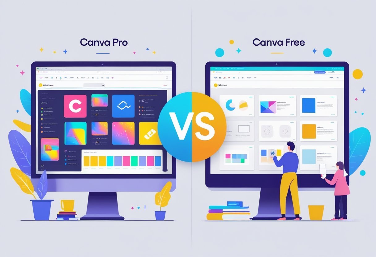 A side-by-side illustration of two digital design workspaces, one showing advanced tools and premium features, the other displaying basic tools and limited features, each with a person working at a computer.