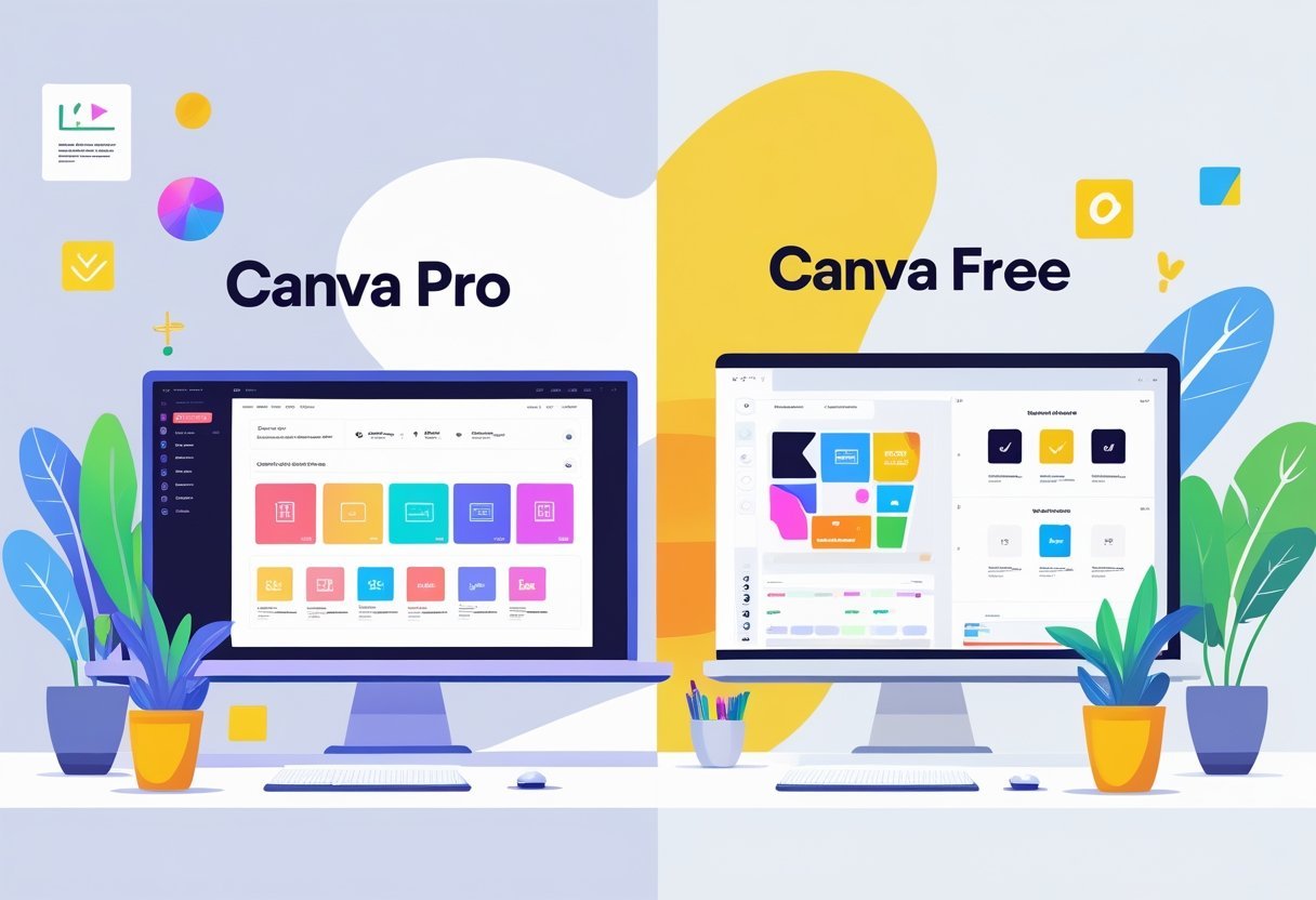 Side-by-side illustration showing a detailed digital design workspace with advanced tools on one side and a simpler workspace on the other, highlighting differences between two design platforms.