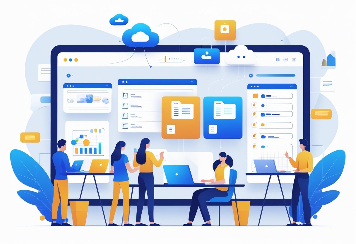 A group of people working together around a large digital interface showing icons for cloud storage, file sharing, and workflow tools in a modern office setting.