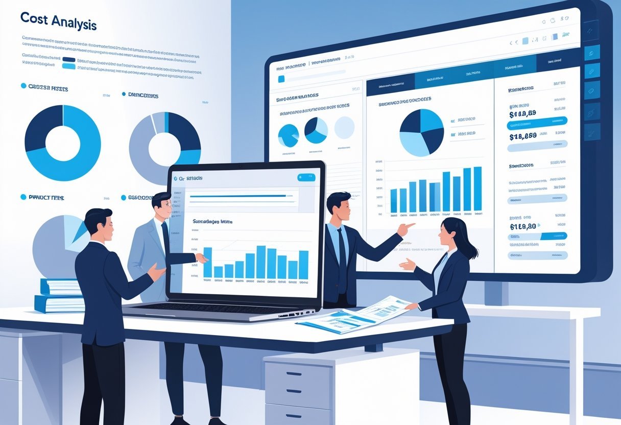 An office scene with professionals discussing financial charts and graphs on a laptop and a large screen showing cost breakdowns and pricing tiers.