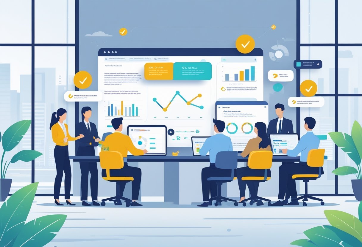 Business professionals working together in a modern office with laptops and digital displays showing charts and document editing symbols.