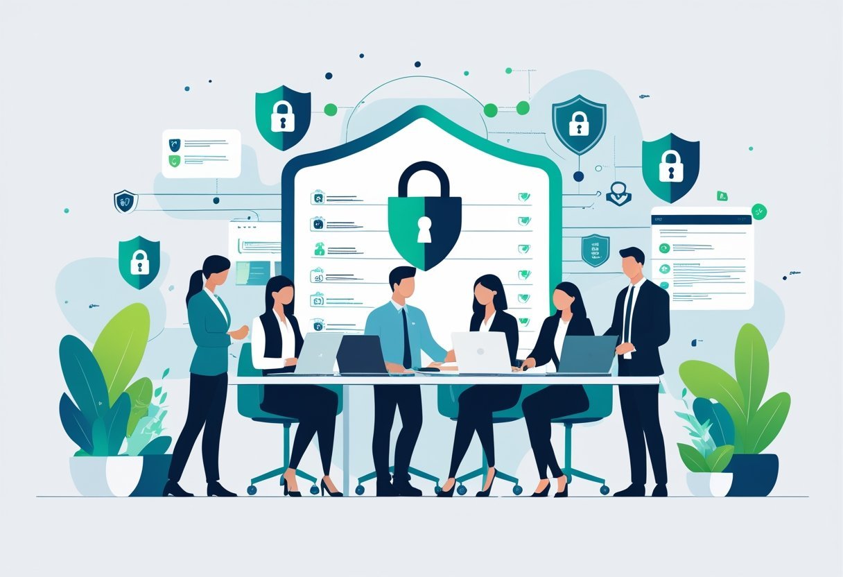A group of professionals working together in an office with digital security symbols like shields and locks floating around them.