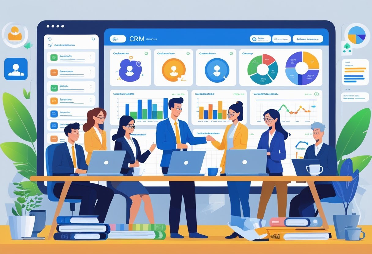 A small business team working together around a desk with laptops and a large digital dashboard showing customer data and analytics.