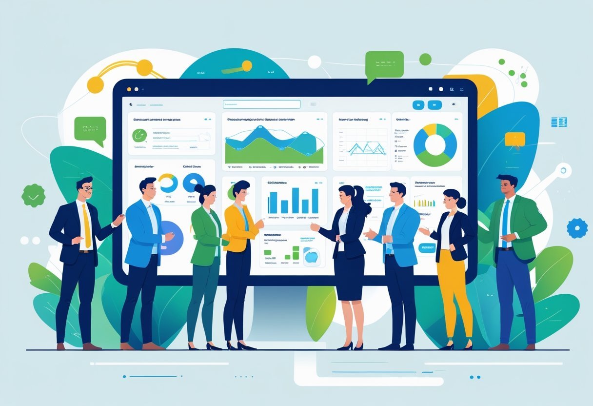 A group of small business professionals collaborating around a digital touchscreen displaying CRM-related icons and charts in a modern office.