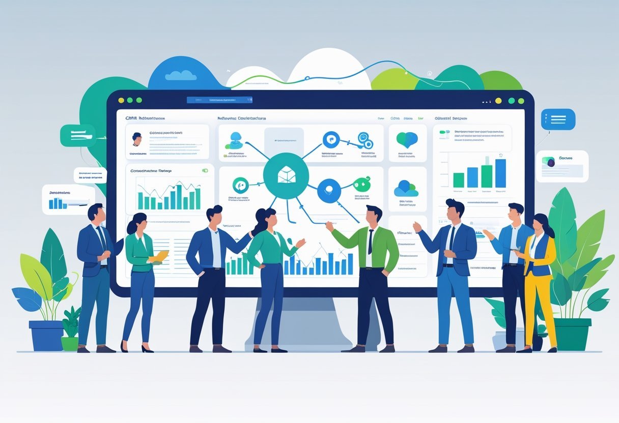 A group of small business people working together around a digital dashboard showing icons for customer profiles, sales tracking, communication, analytics, and automation in a modern office setting.