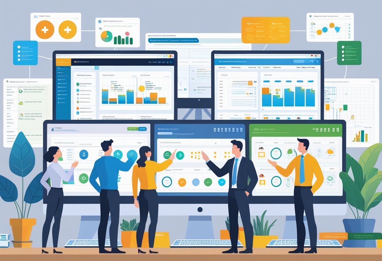 Business professionals comparing different project management software dashboards on multiple devices in an office setting.