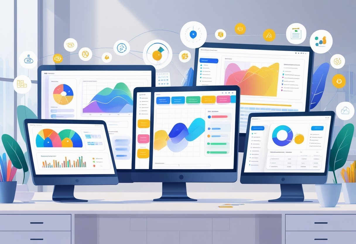 Multiple computer screens showing colorful charts and task lists in a modern office, illustrating a comparison of project management software features.