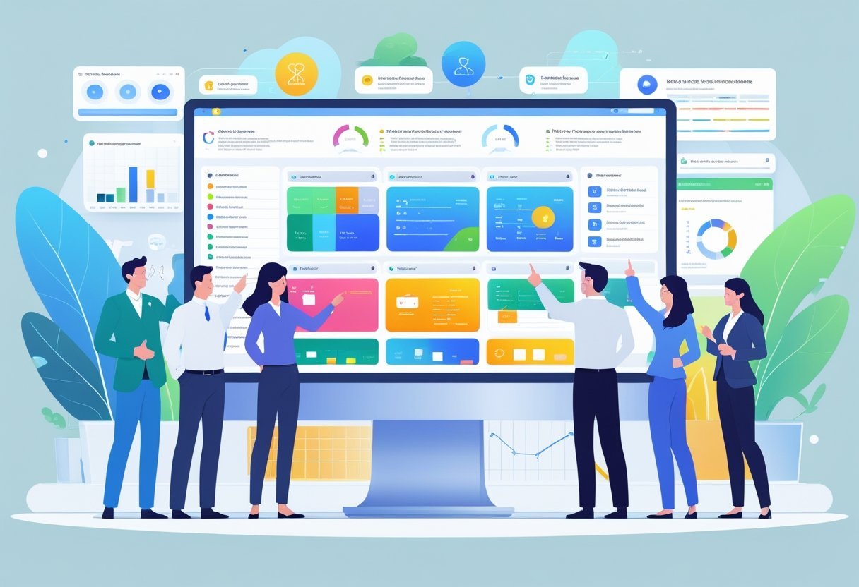 A group of diverse professionals gathered around a computer screen displaying visual icons and charts representing different project management software features.