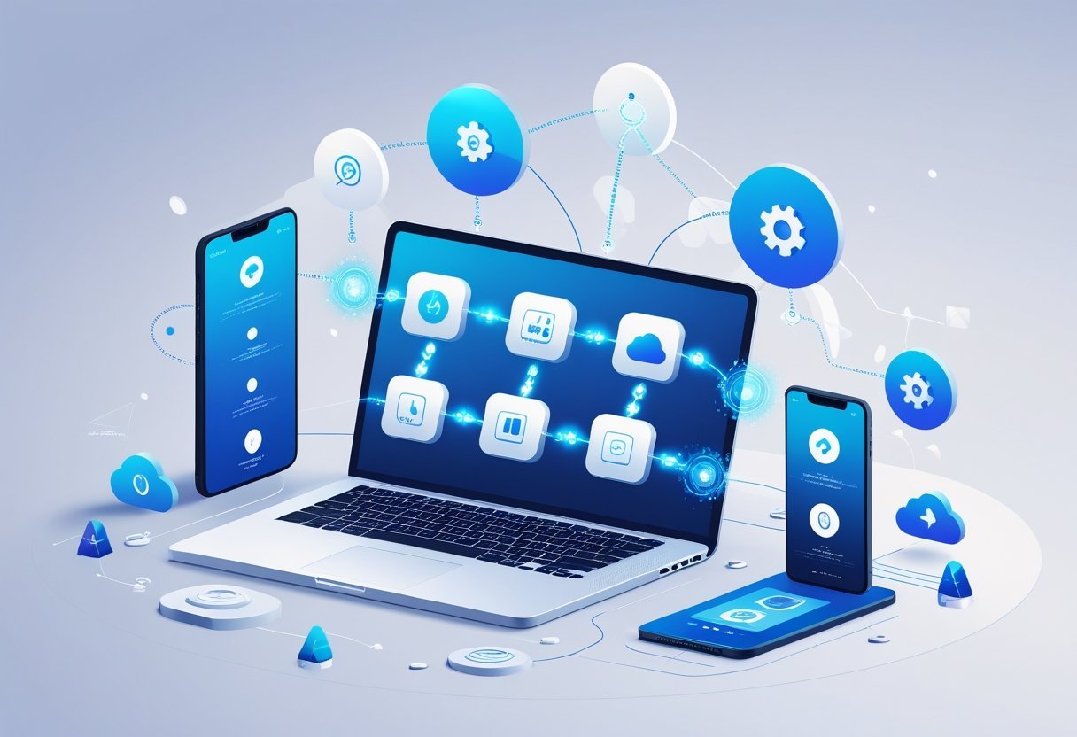 A workspace showing interconnected devices and app icons linked by glowing lines, representing workflow automation and integration.