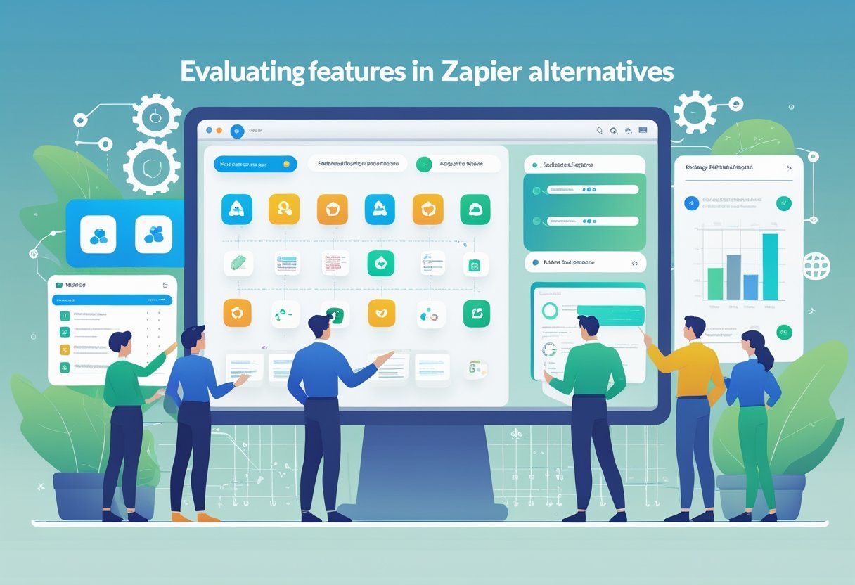 A group of professionals analyzing app icons and charts on a large digital dashboard in a modern workspace.