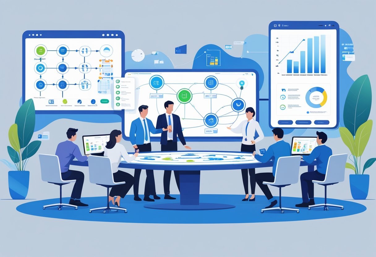 A group of professionals collaborating around a digital touchscreen table displaying workflow diagrams and automation icons in a modern office setting.