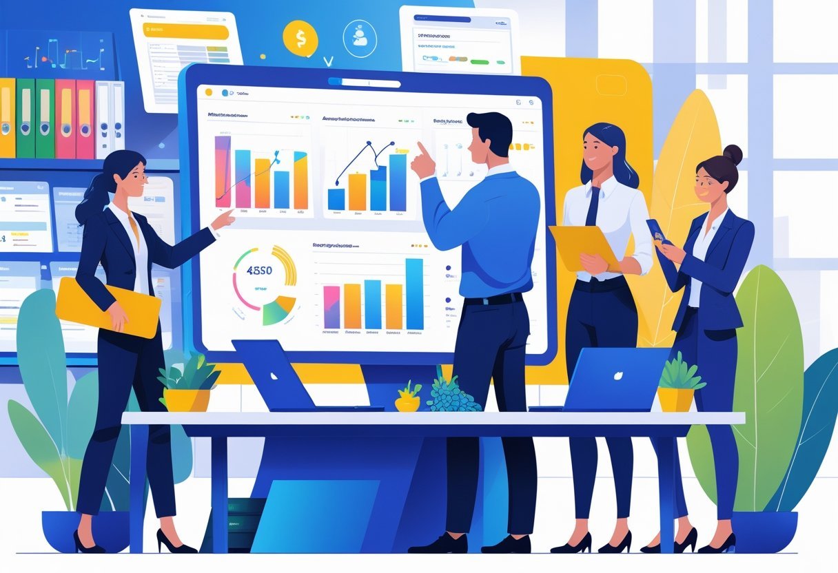 A group of business professionals reviewing accounting software interfaces and charts around a digital touchscreen table in an office.