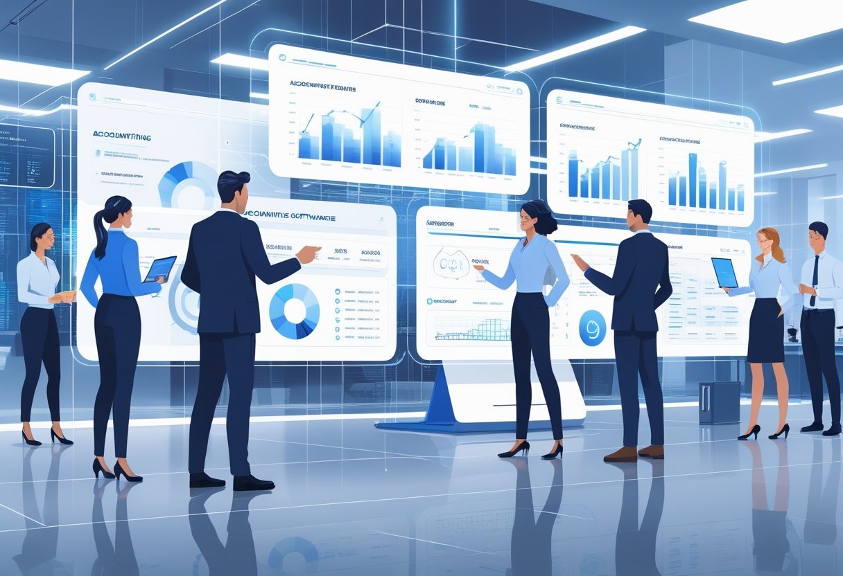 A modern office scene with professionals using futuristic digital screens showing charts and financial data.