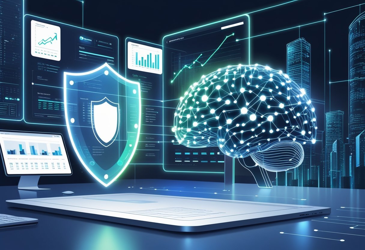 A modern workspace with digital financial data screens, a glowing holographic shield symbolizing security, and a stylized AI brain, set against a futuristic cityscape background.