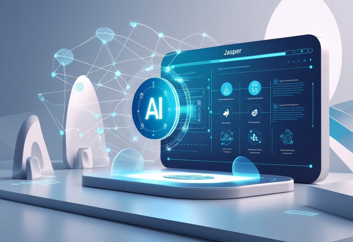 A futuristic digital interface displaying abstract AI elements and icons representing key features of Jasper AI.