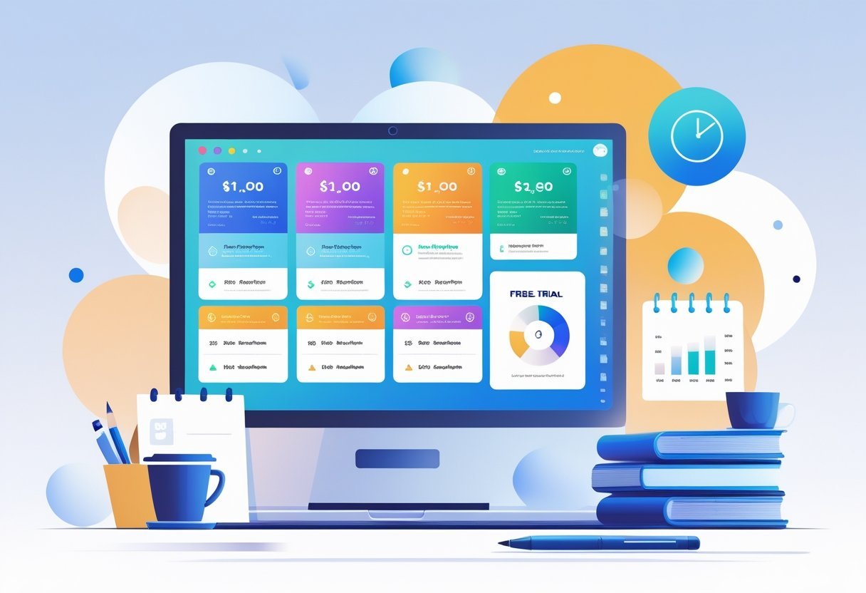 A digital workspace showing pricing plan cards and a free trial icon on a computer screen with office items nearby.