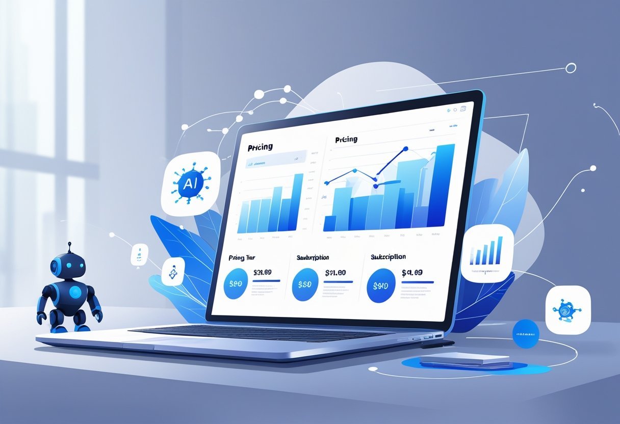 A modern office desk with a laptop showing abstract charts and icons representing AI pricing plans.