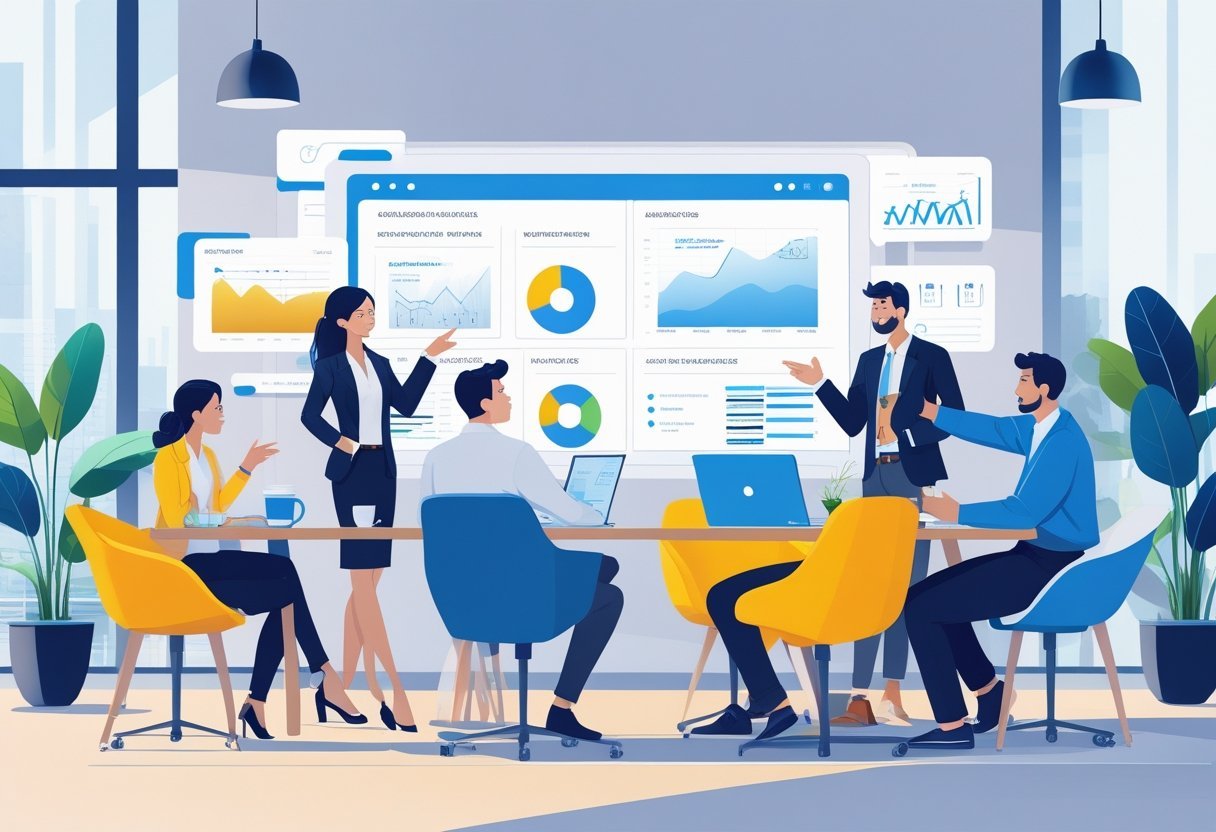 A group of people collaborating around a digital screen in a bright office environment.