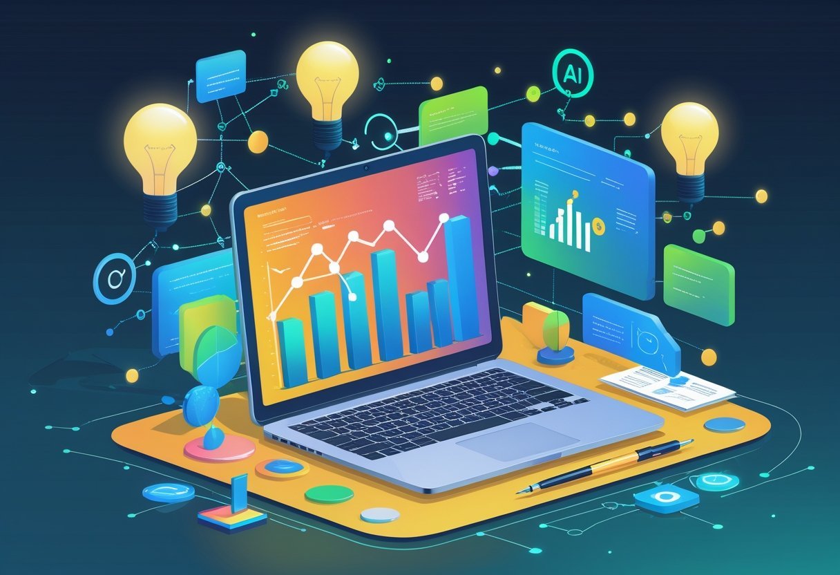 A modern workspace with a laptop showing SEO graphs, surrounded by creative icons and digital elements representing AI and content creation.