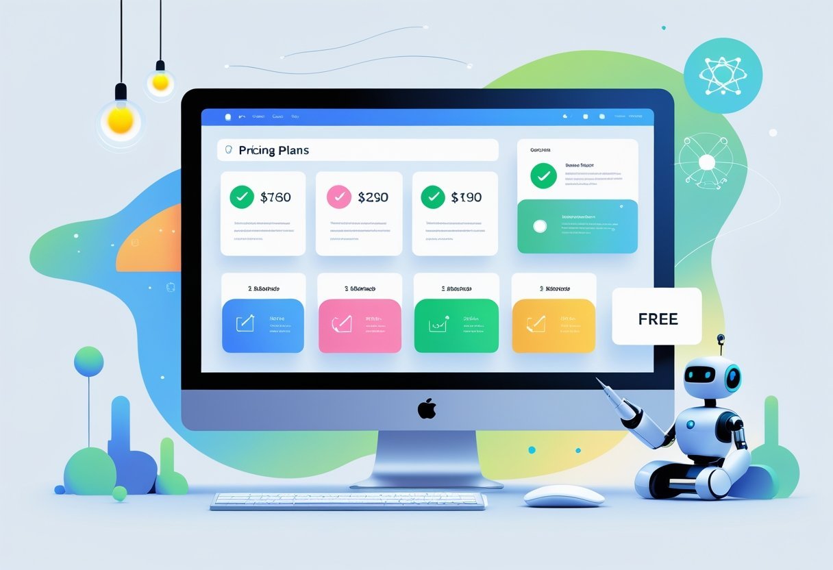 A digital workspace showing a computer screen with colorful pricing plan cards and a highlighted free option, surrounded by symbols of AI and creativity.