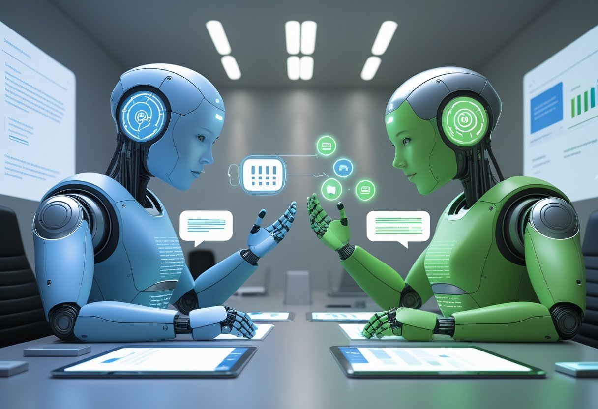 Two humanoid robots facing each other across a desk with floating digital screens showing creative symbols in a futuristic office setting.