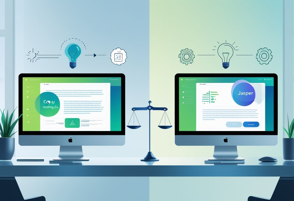 Two computer screens on a desk displaying abstract AI-generated content with icons representing creativity and productivity, set in a clean office environment symbolizing a comparison between two AI tools.