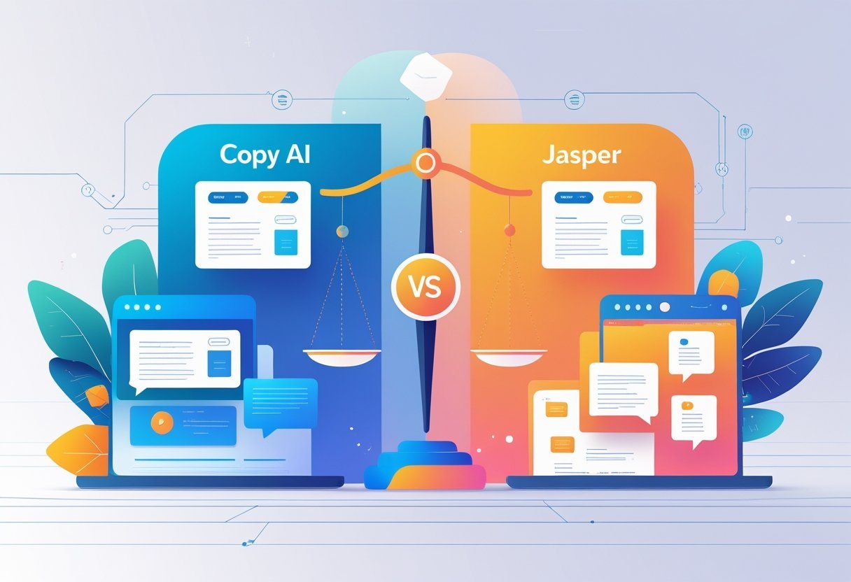 A balanced illustration showing two AI writing tools represented by digital pens and document icons on opposite sides with a scale in the center symbolizing comparison.