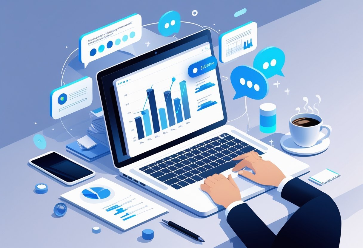 A workspace with a laptop showing a review document, surrounded by a smartphone, coffee cup, and notepad, with icons representing AI and chat in the background.