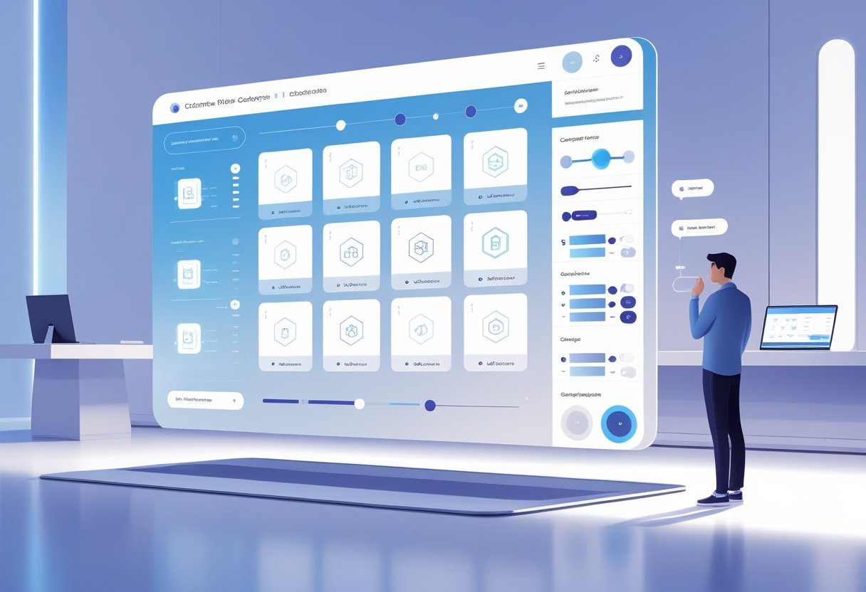 A person interacting with a futuristic digital interface displaying various AI model options and customization controls in a modern workspace.