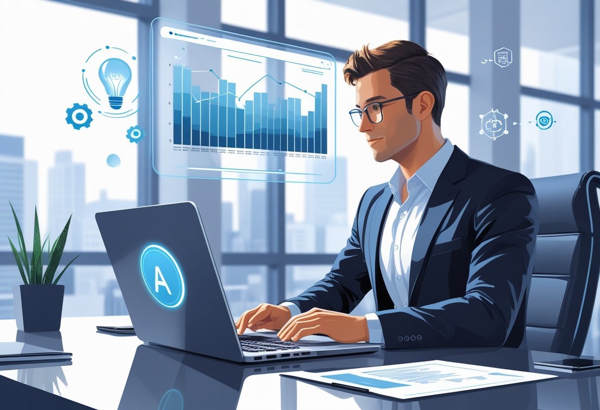 A business professional sitting at a modern desk with a laptop, analyzing digital charts and surrounded by icons representing AI and productivity in a bright office.