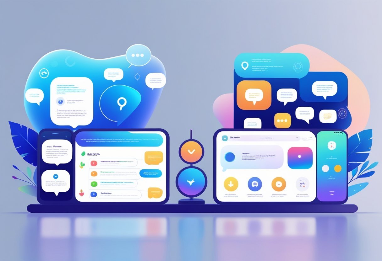 An illustration showing a futuristic AI assistant on one side and several different AI platforms on the other, with a balanced scale symbolizing comparison and evaluation.