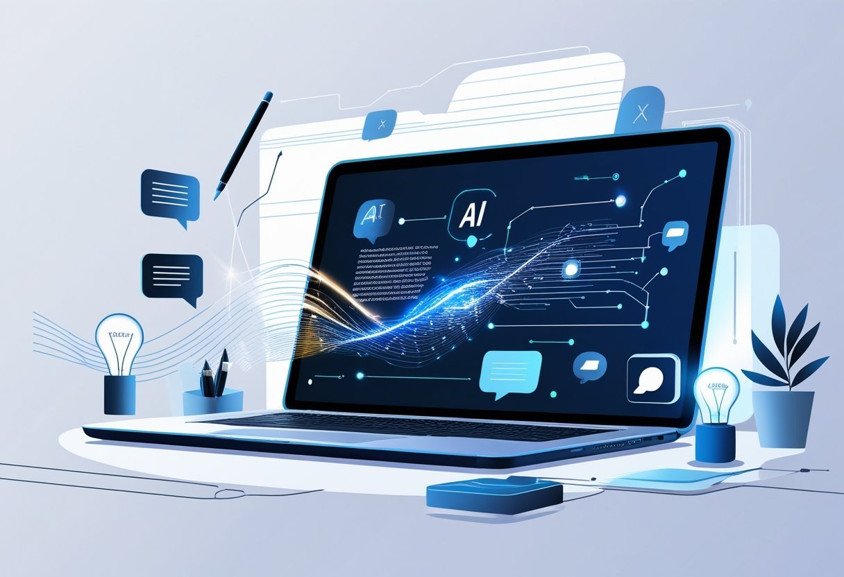 A modern workspace with a laptop showing digital code and icons representing writing and technology interconnected around it.