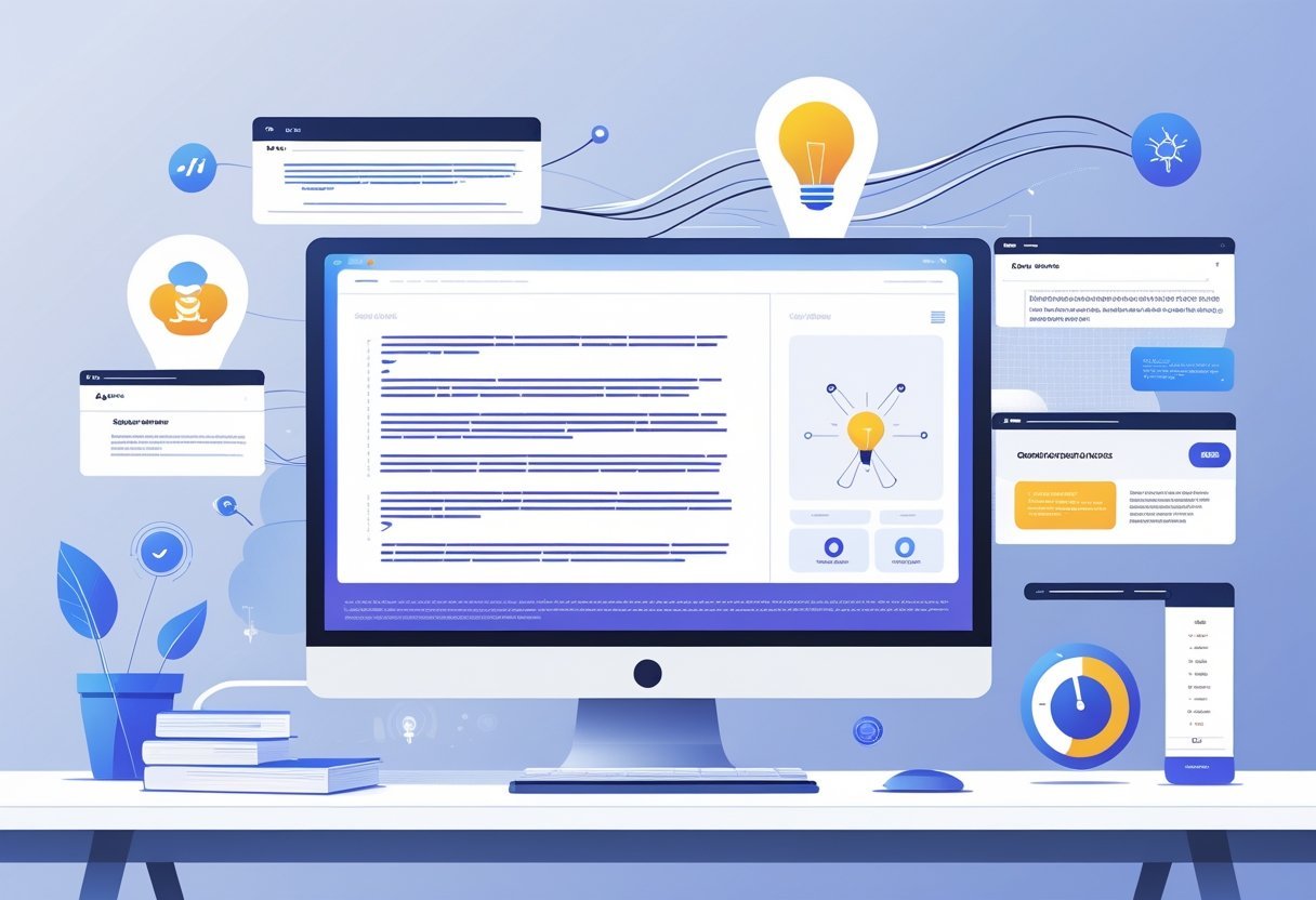 A modern workspace with a computer showing digital writing elements and icons representing features of AI writing tools.