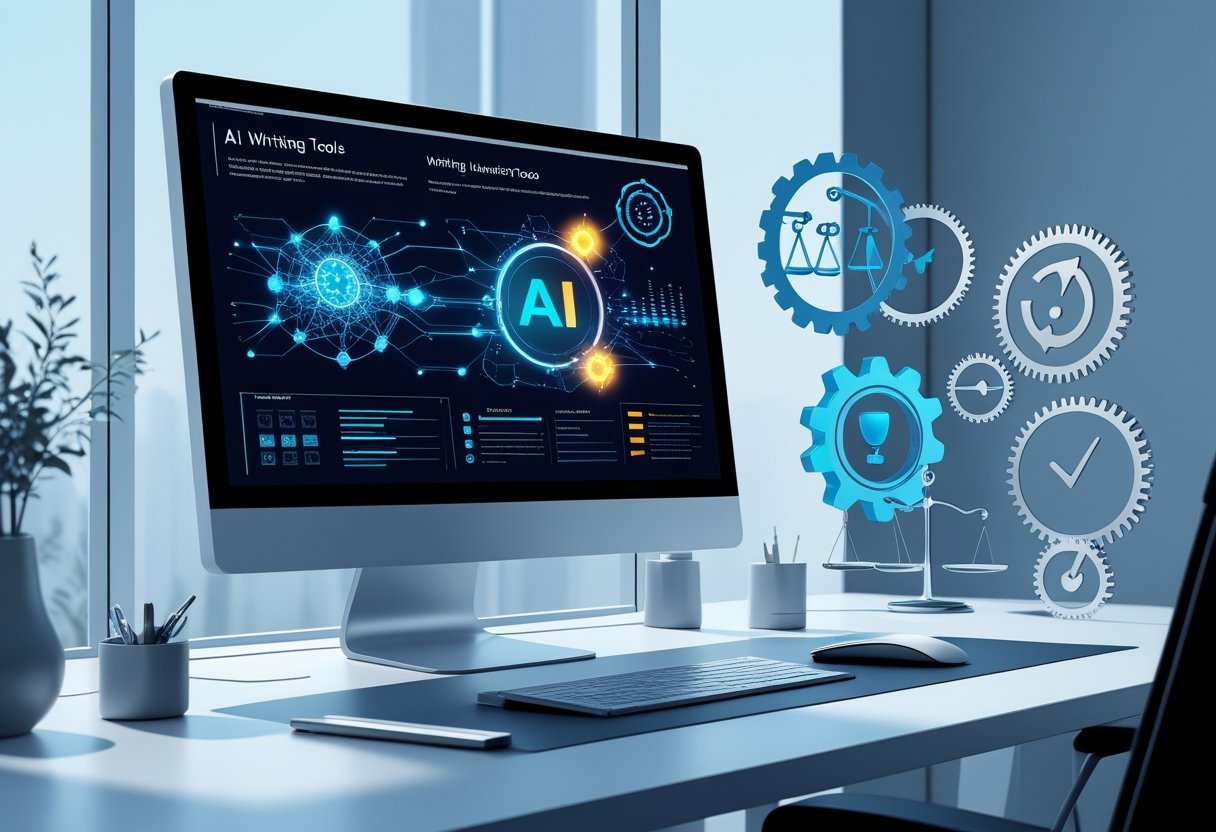 A modern workspace with a computer displaying abstract AI elements, surrounded by symbols like a balanced scale, checklist, and gears representing key factors in choosing an AI writing tool.