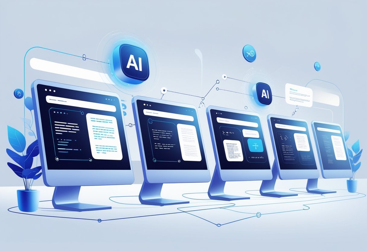 Multiple futuristic computer screens side by side showing different types of AI-generated content with glowing data connections and technology icons around them.