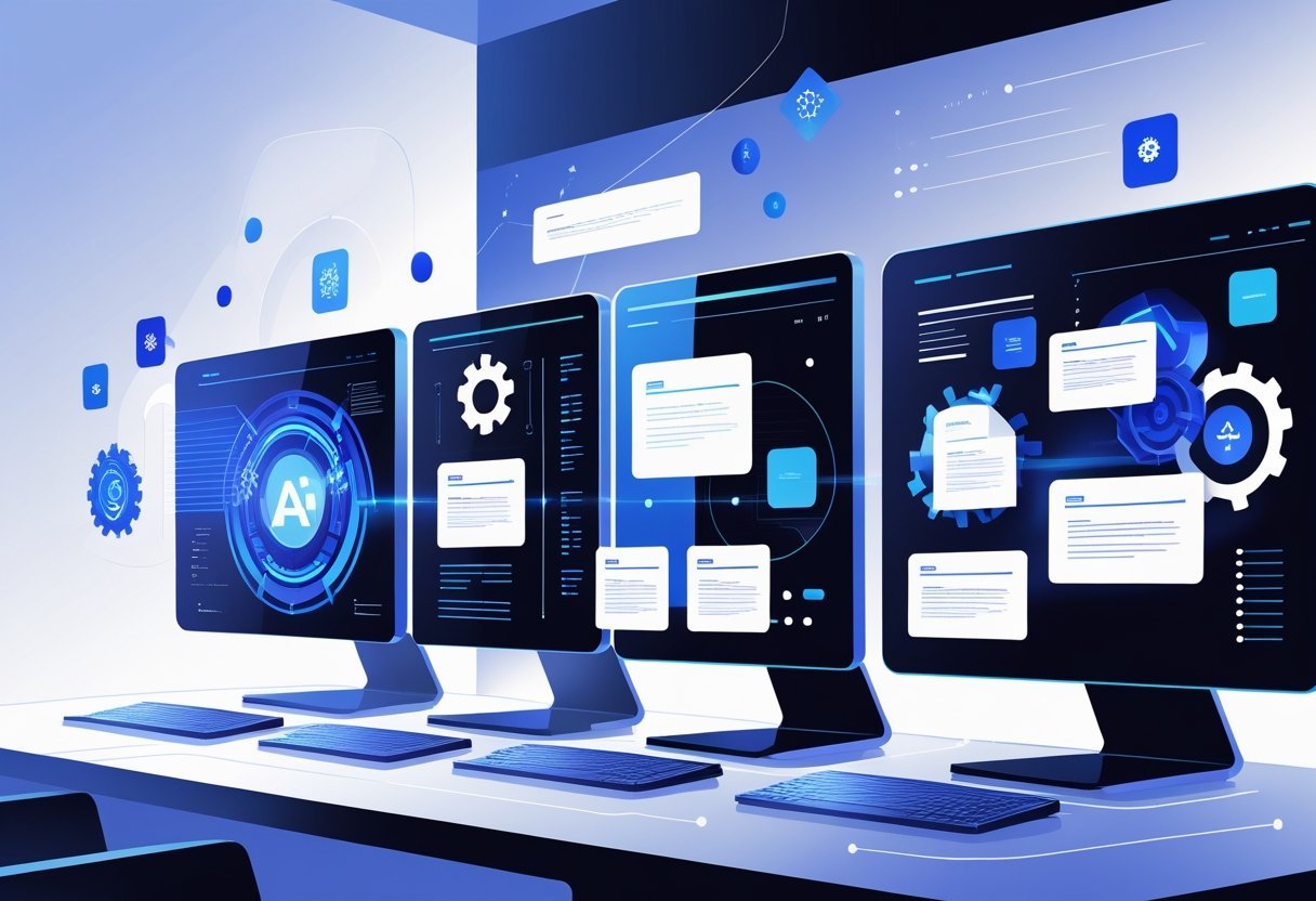 Multiple futuristic computer screens displaying abstract representations of AI content generation tools in a modern tech workspace.