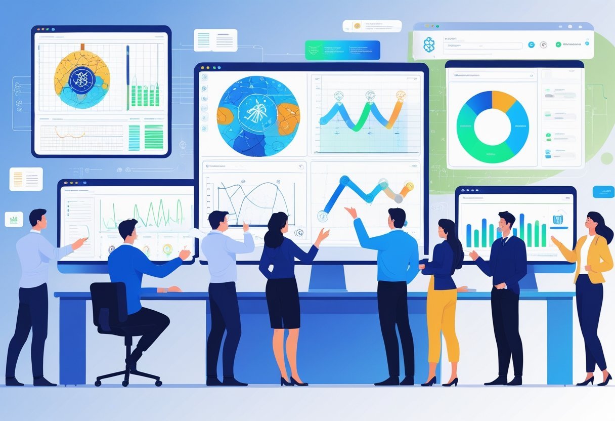 A group of professionals analyzing multiple computer screens showing AI algorithms and data, with holographic charts and digital dashboards in a modern workspace.