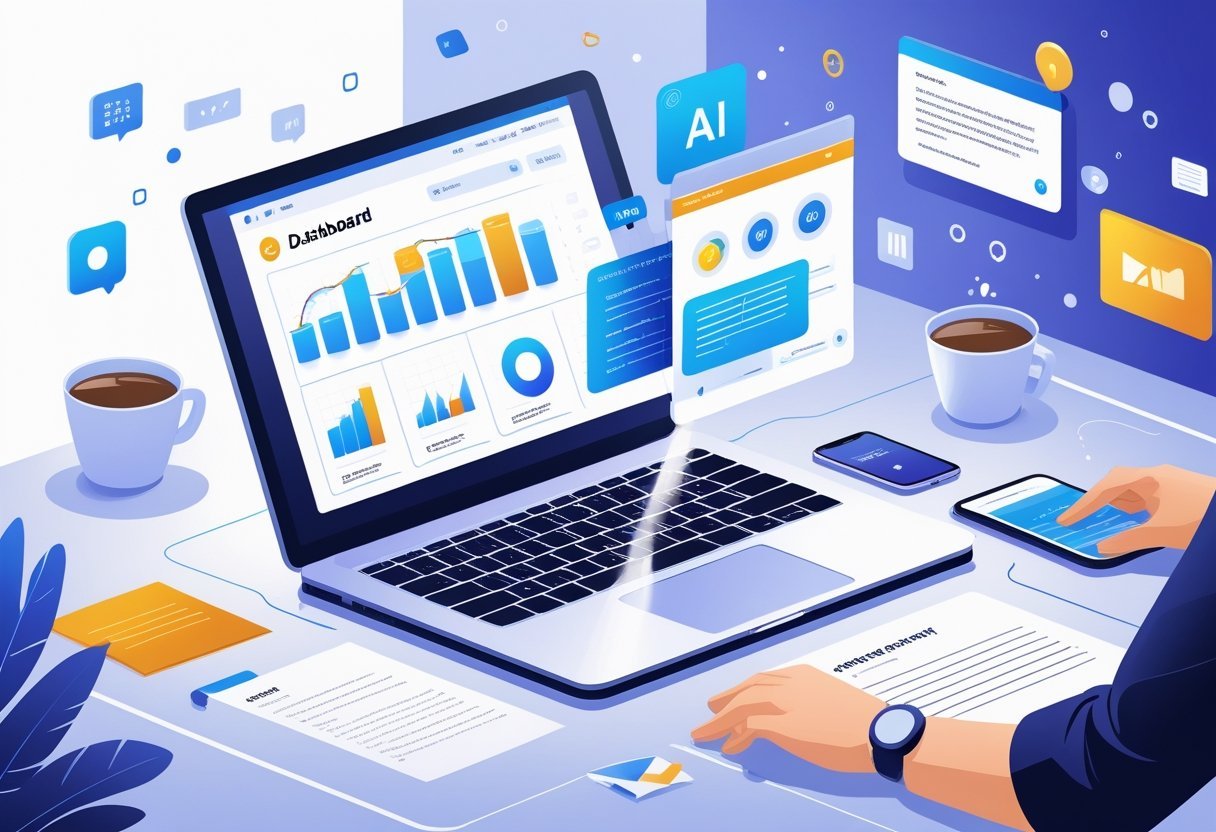 A modern workspace with a laptop showing charts and text, surrounded by notes and a coffee cup, symbolizing a review of an AI writing tool.