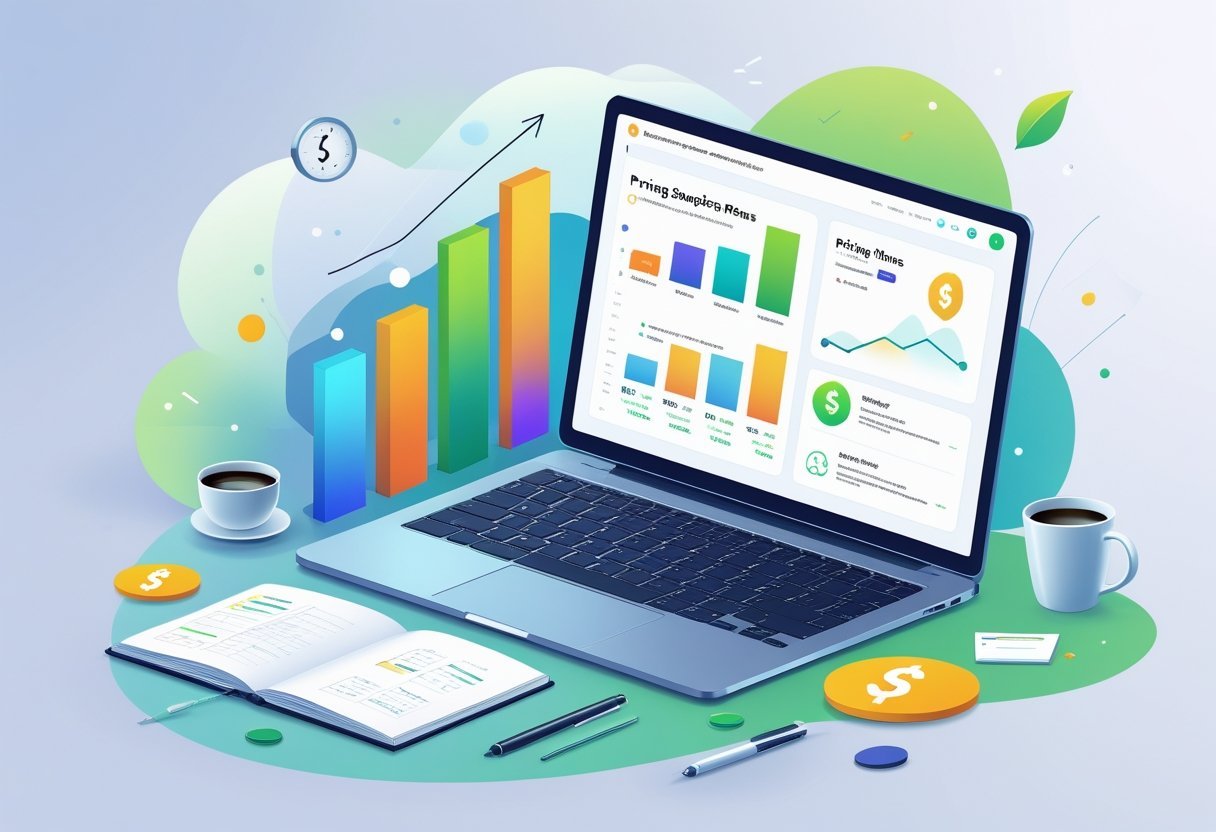 A digital workspace showing a laptop with charts and pricing plans on the screen, surrounded by a notebook, pen, and coffee cup.