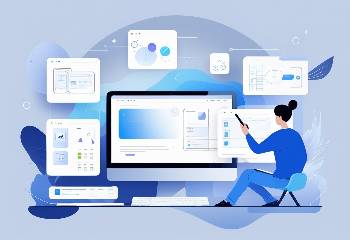 A person working on a digital tablet in front of a computer displaying user interface designs with wireframes and flowcharts around.