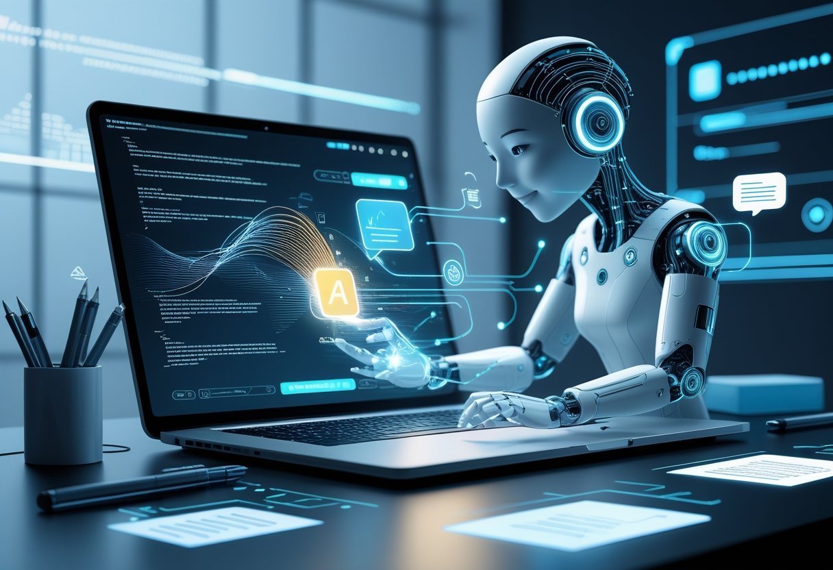 A workspace with a laptop showing glowing code and digital icons, accompanied by a friendly AI figure interacting with the laptop.